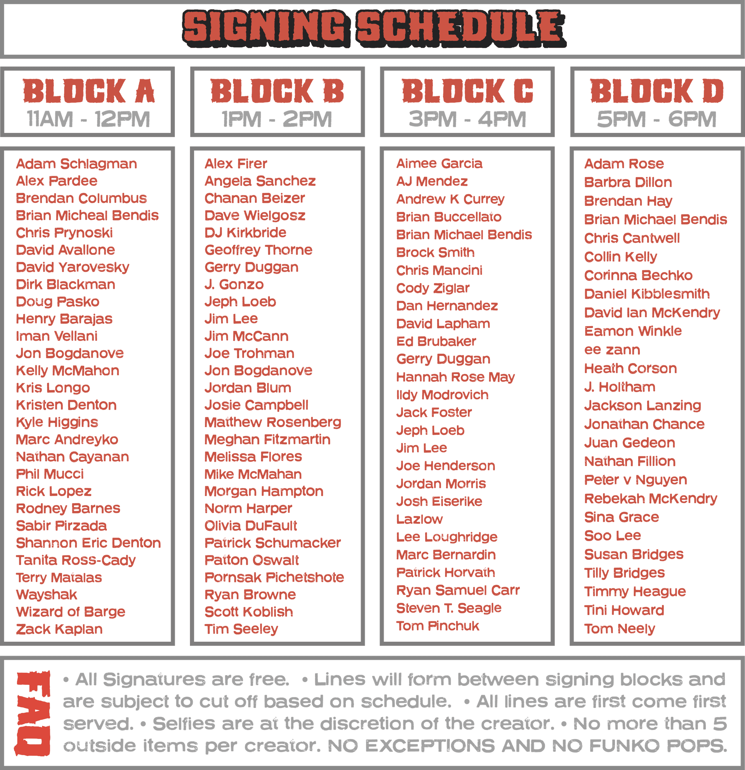 Comic Creators Block Party 2026 Signing Schedule